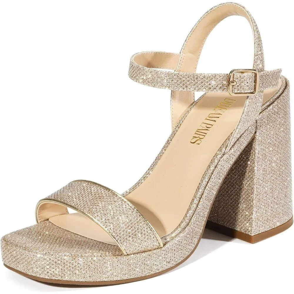 Women's Gold -Glitter Open Toe Chunky Ankle Strap Stylish Sandal Heel Shoe